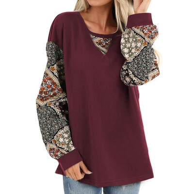

Tailored Women Casual Boho Print Shirt Splice Long Sleeve Blouse Round Neck Loose Tops