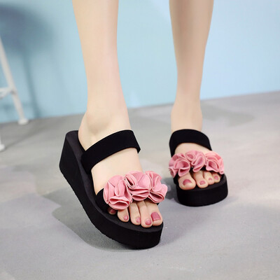 

Rose Fashion Women Slip-on Open Toe Wedges Heels Black Color Flower Slipper Shoes