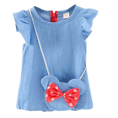 

Baby Girl Dress Summer Solid Denim Princess Party Cute Cotton Baby Girls Clothing Kids Lolita Bow-knot Dresses For 1-4t