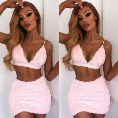 

Women Sexy Bandage Fur Vest TopSkirt Club Party Evening Short Mini Dress Outfit