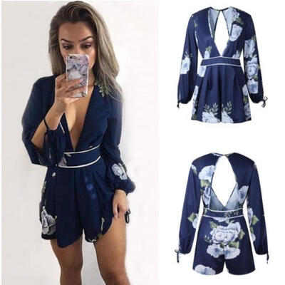 

Summer Women Casual Rompers Loose Jumpsuit Blue Crochet Rompers Short Flare