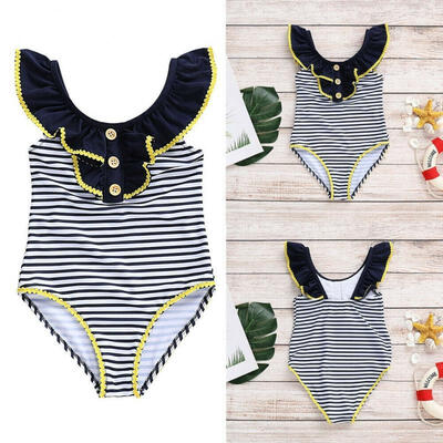 

Kids Girls Navy Blue Stripe Swimwear Costume Bikini Swim Bathing Suit Swimsuit