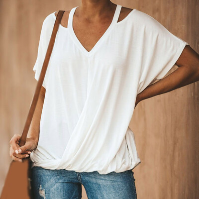 

Womens Baggy V-neck Loose Fit Shirt Blouse Batwing Short Sleeve Pure Top T Shirt