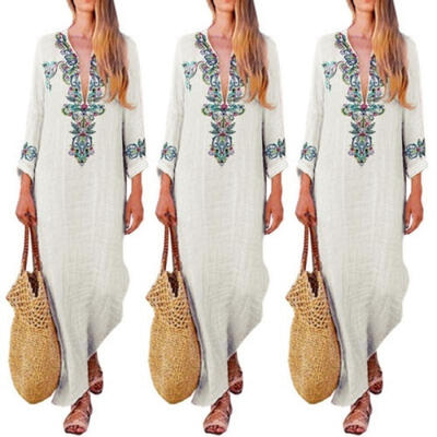 

Women´s Deep V Neck Kaftan Long Sleeve Loose Casual Beach Baggy Print Maxi Dress
