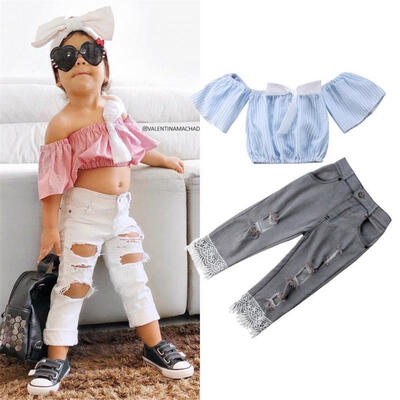 

Kids Baby Girls Striped Off Shoulder Tops Lace Holes Pants Outfit Set Clothes