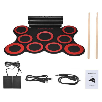 

Portable Stereo Digital Electronic Roll Up Drum Kit 9 Silicon Drum Pads Built-in Double 3W Speakers USB Powered with Drumsticks Fo