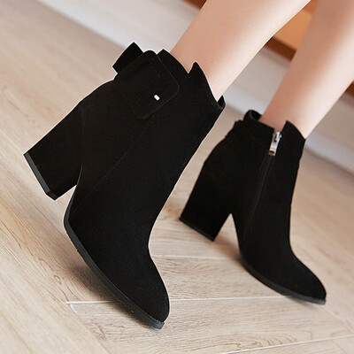 

Rose Fashion Pure Color Pointed Toe Zipper Boots Chunky Heels Vintage Women Boots
