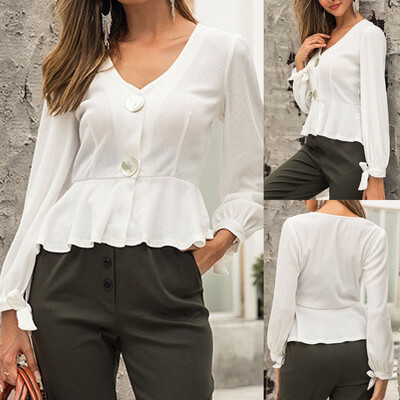 

Tailored Women Casual V-neck Solid Ruffles Button Lantern Sleeve Tops Blouse T-shirt