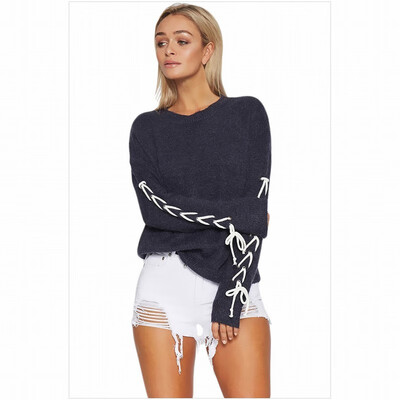 

Round neck long sleeve cross lace up decorative bottom pullover sweater knit sweater