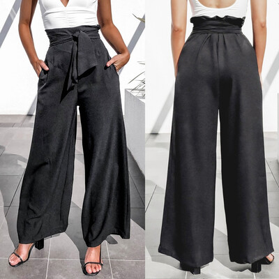 

Tailored Fashion Womens High Waist Wooden Ear Straps Solid Wide Leg Pants
