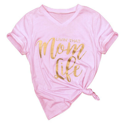 

Summer Mom Life Gilding Letter Print Womens Short Sleeve V Neck T-Shirt Top