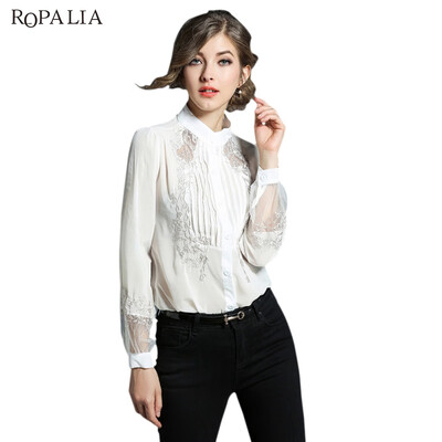 

ROPALIA Spring Autumn Women Floral Embroidery Fold Tops Hollow Out Lace Shirt Lantern Sleeves Ladies Chiffon Blouse
