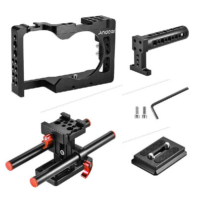 

Andoer Aluminum Alloy Video Camera Cage Kit Include Top Handle 2pcs 15mm Rod Baseplate for Sony A6500 ILDC to Mount Microphone