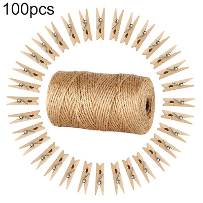 

100Pcs Wooden Photo Album Clips Peg Clothespin Craft Decor 100 Yards Jute Line