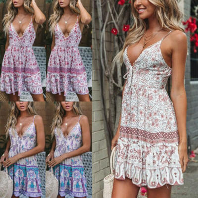 

Womens Boho Floral Sleeveless Ladies Summer Mini Dress SXXL Casual Beach dress