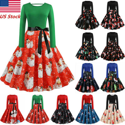 

Womens Long Sleeve Santa Panel Christmas Dress Vintage Xmas Swing Retro Dresses