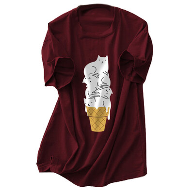 

Funny Cartoon Cat Ice Cream Print Summer T-Shirt Women Short Sleeve O-Neck Top