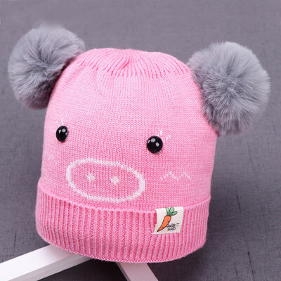 

Cute Baby Hat Pompon Winter Warm Kids Baby Ball Design Hats Cartoon Print Knitted Wool Hemming Caps