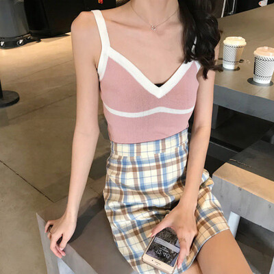 

Womens fashion simple temperament V-neck tops contrast color camisole comfortable sleeveless camisole