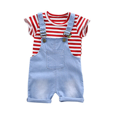 

Summer Baby Clothes Baby Boys Girls Short Sleeve Striped Print Tops Blouse ShirtDenim Strap Shorts Casual Outfits Sets