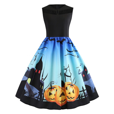 

Lace Panel Bat Pumpkin Sleeveless Halloween Dress