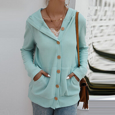 

Tailored Women Casual Pocket Button Blouse Solid Long Sleeve Knitted Hooded Sweater Tops