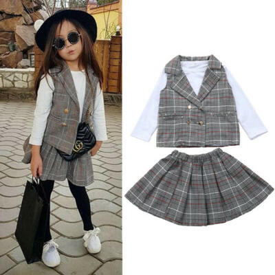 

UK STOCK Girls Kids Suit Plaid Vest Skirt T-shirt Formal Clothes Dress 3PCS 2-6Y