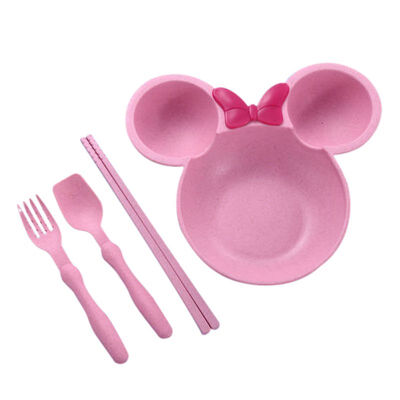 

4 Set Of Kid Wheat Stalk Feeding Dinnerware Bowknot Bowl With 3 Dividers Spoon Fork Chopsticks
