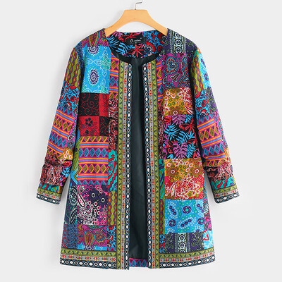 

Tailored Women Vintage Ethnic Style Floral Print Long Sleeve Plus Size Cotton Jacket Coat