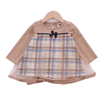 

Autumn Long Sleeve Patchwork Plaid Dress Baby Girls Kids Casual Mesh Bowknot Toddler Pageant Princess Dress