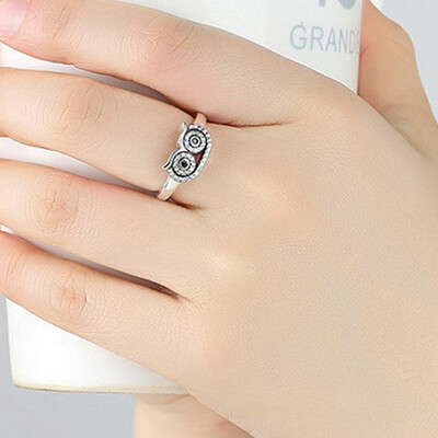 

Genuine Silver Color Clear Cute Owl Stackable Finger Ring For Woman Wedding Engagement Jewelry