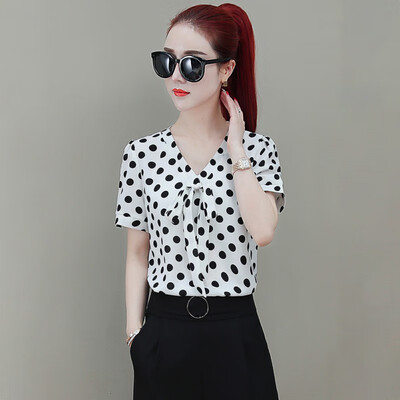 

Summer Sweet Slim Womens Blouse Bow Decoration Polka Dot Chiffon Shirt V-Neck Casual Short Sleeve Womens Blouse