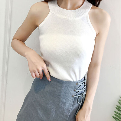 

Sexy Solid Halter Cropped Crop Tops Women Cotton Clothes Summer Off Shoulder Tank Top Womens Knitted Sleeveless Vetement Femme