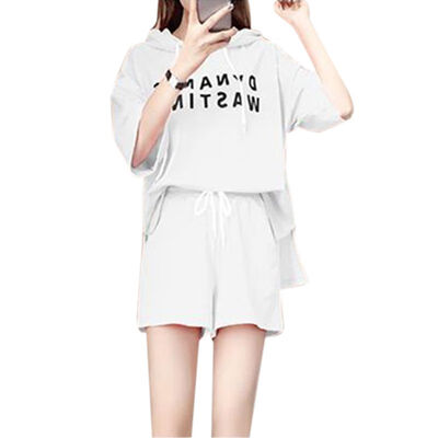 

Women Summer Loose Simple Letter Print Hooded Short-sleeved Tops Drawstring Solid Color Casual Shorts Two-Piece set women