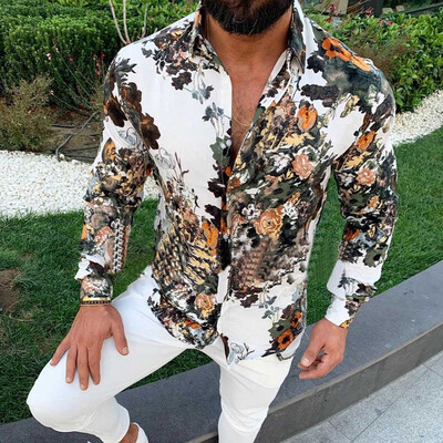 

Toponeto Mens Casual Eur-American Style Slim Printing Long Sleeve Shirts Top Blouse