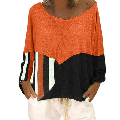 

Plus Size Casual Color Block Striped Women Long Sleeve Round Neck T-Shirt Top