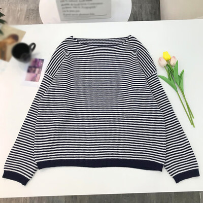

Lazy Loose Women Sweater New Fashion Autumn Winter Stripes Print Slim Long Sleeved Round Collar Slim Bottom Knit Sweater