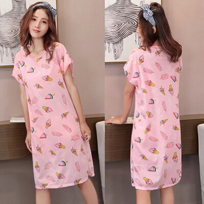 

Korean Style Cute Cartoon Printed Nightdress Womens Summer Short-Sleeved Loose Comfy Milk Silk Home Loungewear Female Pyjamas