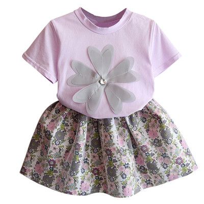 

Children Girls Casual Summer Flower Print Short Sleeve T-shirtFloral Skirts Suits 2Pcs Costume Set Princess Dress