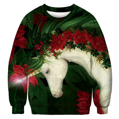 

Winter Hoodies Forest White Horse Digital Christmas 3D Printed Couple Sweaters Round Neck Pullover Long Sleeve Casual Loose Tops