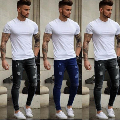 

US Mens Stretchy Jeans Ripped Skinny Jeans Destroyed Frayed Slim Fit Denim Pants
