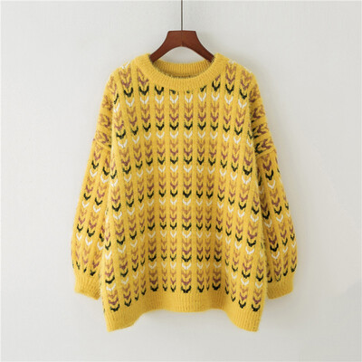

2018 autumn&winter new Korean version of matching striped pullover womens loose lantern sleeve mixed color knitted sweater