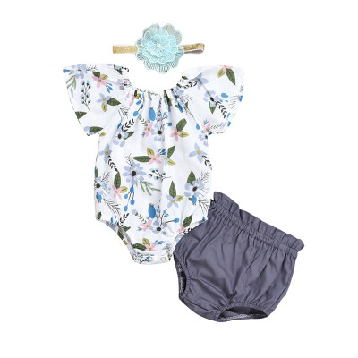 

Summer Baby Girl Flower Printed Short Sleeve Grey Short Pants Flower Headscarf Three-piece Girls Set for Newborns