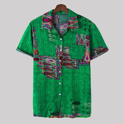 

Tailored Mens Ethnic Printed Stand Collar Colorful Stripe Short Sleeve Loose Shirt