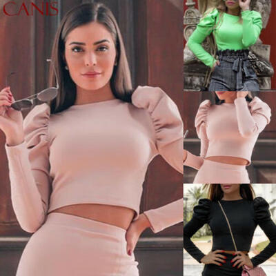 

Women Slim Fit Long Puff Sleeve Crop Tops Cami Vest Tank Top T-shirt Blouse Tee