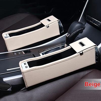 

Black Leather Car Left Seat Crevice Storage Box Cup Holder With Dual USB Charge