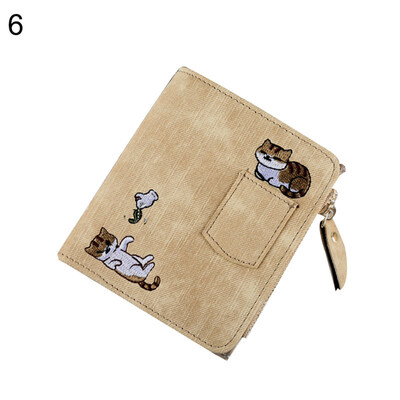 

Cartoon Cat Embroidery Bifold Purse Card Cash Holder Women Faux Leather Wallet