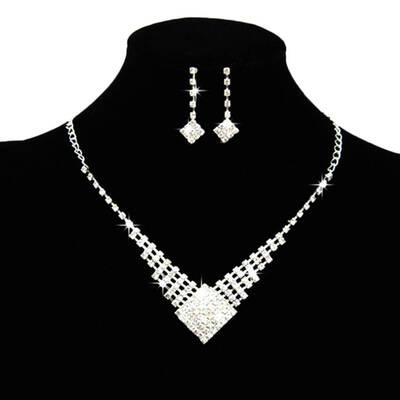 

Rhinestone Studded Necklace Earring Set Geometric Dangle Drop Pendant Eardrop Neck Chain Copper Jewelry Wedding