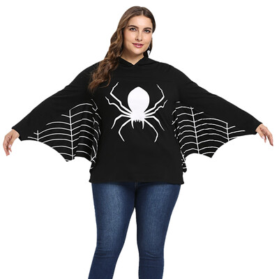 

Plus Size Women Hoodie Halloween Spider Web Cosplay Costume Batwing Sleeve Top