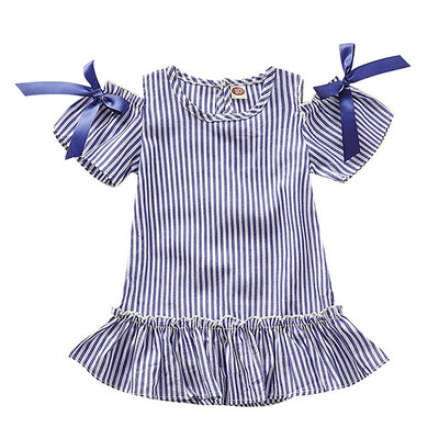 

Summer Casual Baby Girls Dress Off-shoulder Design Short Sleeve Stripe Print Dress Kids Toddler Pageant Sundress
